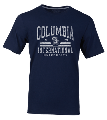 Short Sleeve Tee, Navy, Columbia over 1923 over ram logo A3D over International over University