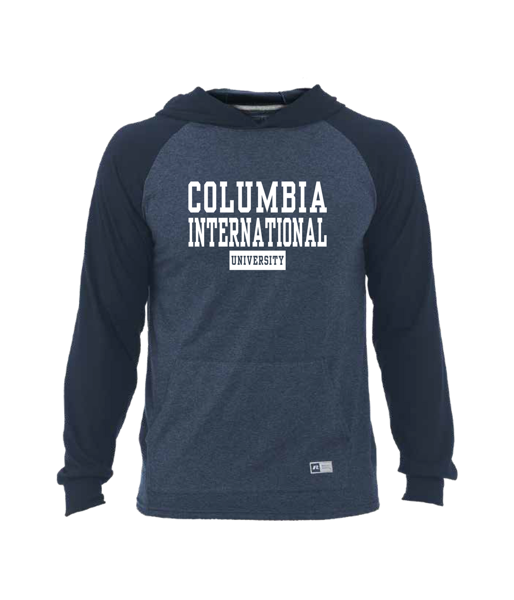 Hooded Teeshirt, Navy/Navy Heather, Property of Columbia over International over University in a box