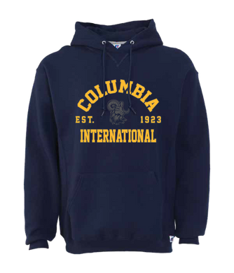 Hooded Sweatshirt, Navy, Columbia over International straight ram logo in the background EST 1923