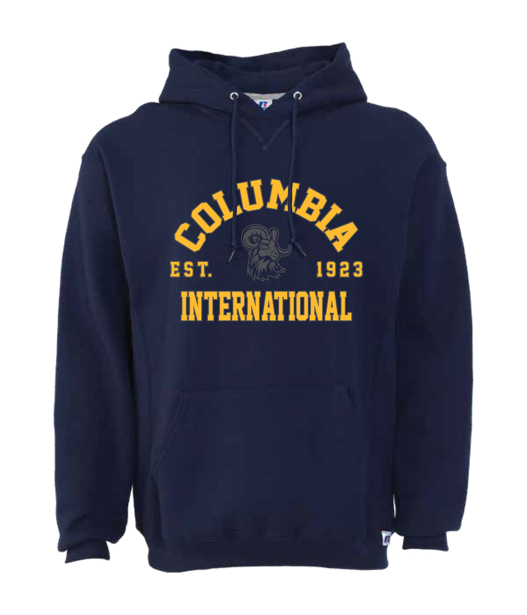 Hooded Sweatshirt, Navy, Columbia over International straight ram logo in the background EST 1923