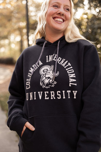 Close-up of a woman wearing a hoodie with &